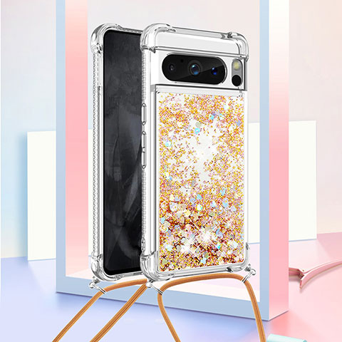 Funda Silicona Carcasa Goma Bling-Bling con Acollador Cordon Lanyard S03 para Google Pixel 8 Pro 5G Oro