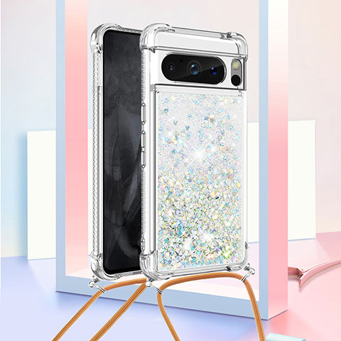 Funda Silicona Carcasa Goma Bling-Bling con Acollador Cordon Lanyard S03 para Google Pixel 8 Pro 5G Plata