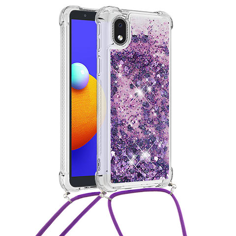 Funda Silicona Carcasa Goma Bling-Bling con Acollador Cordon Lanyard S03 para Samsung Galaxy A01 Core Morado