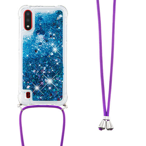 Funda Silicona Carcasa Goma Bling-Bling con Acollador Cordon Lanyard S03 para Samsung Galaxy A01 SM-A015 Azul