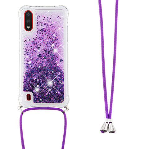 Funda Silicona Carcasa Goma Bling-Bling con Acollador Cordon Lanyard S03 para Samsung Galaxy A01 SM-A015 Morado