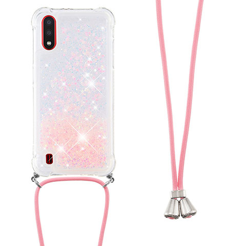 Funda Silicona Carcasa Goma Bling-Bling con Acollador Cordon Lanyard S03 para Samsung Galaxy A01 SM-A015 Rosa