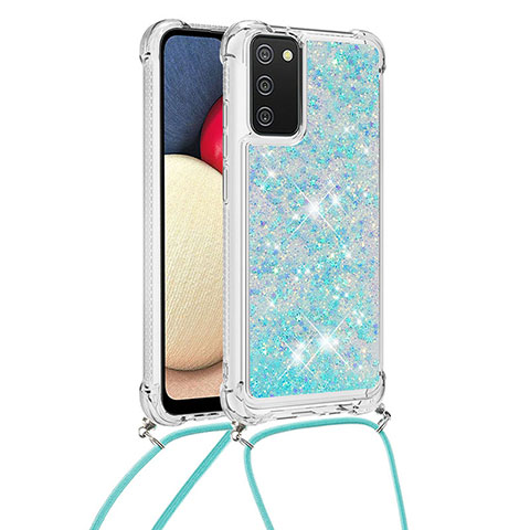 Funda Silicona Carcasa Goma Bling-Bling con Acollador Cordon Lanyard S03 para Samsung Galaxy A02s Azul Cielo