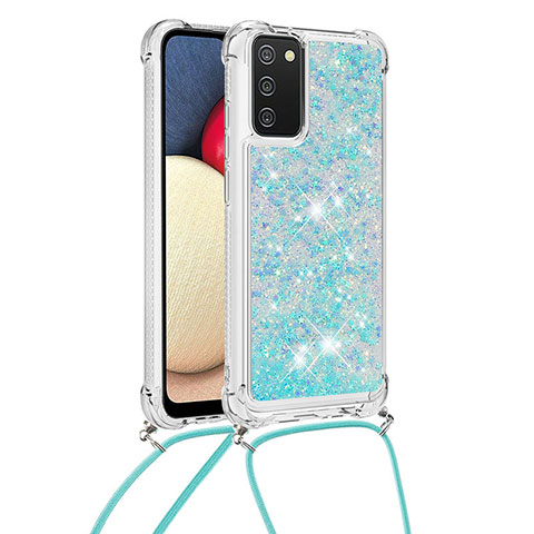 Funda Silicona Carcasa Goma Bling-Bling con Acollador Cordon Lanyard S03 para Samsung Galaxy A03s Azul Cielo