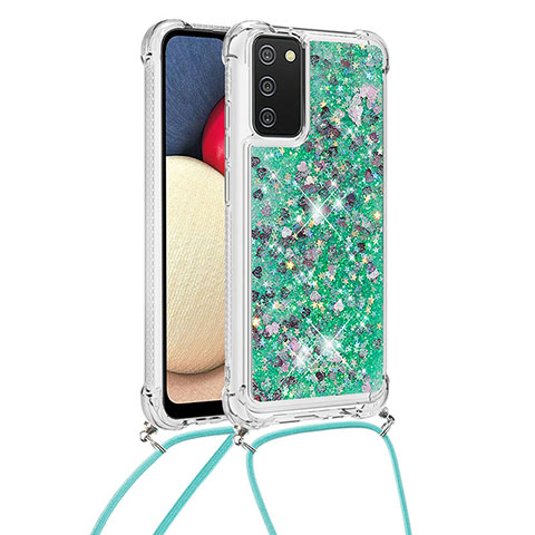 Funda Silicona Carcasa Goma Bling-Bling con Acollador Cordon Lanyard S03 para Samsung Galaxy A03s Verde