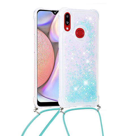 Funda Silicona Carcasa Goma Bling-Bling con Acollador Cordon Lanyard S03 para Samsung Galaxy A10s Azul Cielo