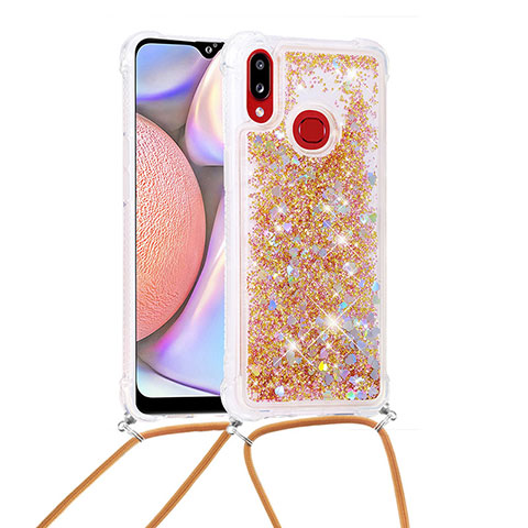 Funda Silicona Carcasa Goma Bling-Bling con Acollador Cordon Lanyard S03 para Samsung Galaxy A10s Oro