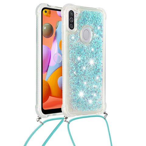 Funda Silicona Carcasa Goma Bling-Bling con Acollador Cordon Lanyard S03 para Samsung Galaxy A11 Azul Cielo