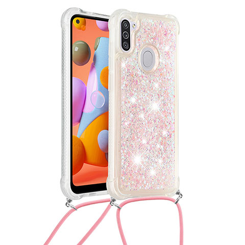 Funda Silicona Carcasa Goma Bling-Bling con Acollador Cordon Lanyard S03 para Samsung Galaxy A11 Rosa