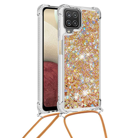 Funda Silicona Carcasa Goma Bling-Bling con Acollador Cordon Lanyard S03 para Samsung Galaxy A12 5G Oro