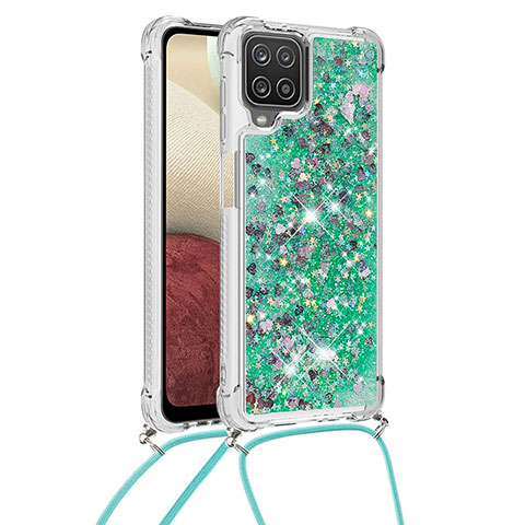 Funda Silicona Carcasa Goma Bling-Bling con Acollador Cordon Lanyard S03 para Samsung Galaxy A12 5G Verde