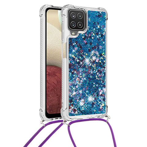 Funda Silicona Carcasa Goma Bling-Bling con Acollador Cordon Lanyard S03 para Samsung Galaxy A12 Azul