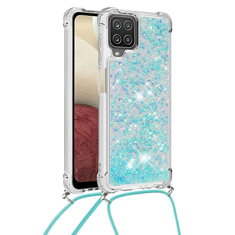 Funda Silicona Carcasa Goma Bling-Bling con Acollador Cordon Lanyard S03 para Samsung Galaxy A12 Nacho Azul Cielo