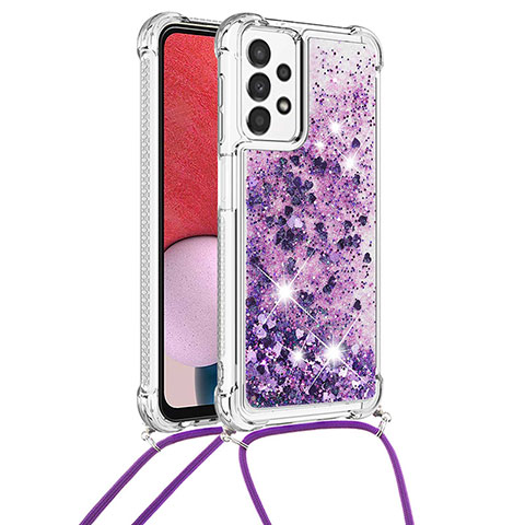 Funda Silicona Carcasa Goma Bling-Bling con Acollador Cordon Lanyard S03 para Samsung Galaxy A13 4G Morado