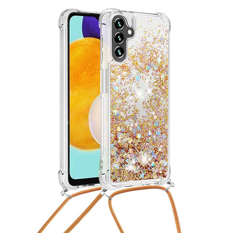 Funda Silicona Carcasa Goma Bling-Bling con Acollador Cordon Lanyard S03 para Samsung Galaxy A13 5G Oro