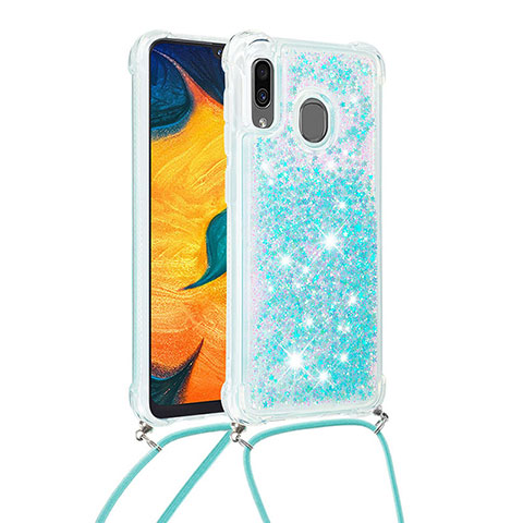 Funda Silicona Carcasa Goma Bling-Bling con Acollador Cordon Lanyard S03 para Samsung Galaxy A20 Azul Cielo