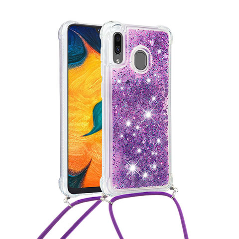 Funda Silicona Carcasa Goma Bling-Bling con Acollador Cordon Lanyard S03 para Samsung Galaxy A20 Morado