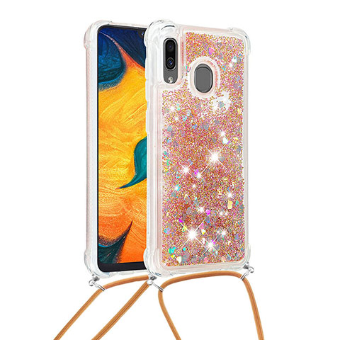 Funda Silicona Carcasa Goma Bling-Bling con Acollador Cordon Lanyard S03 para Samsung Galaxy A20 Oro