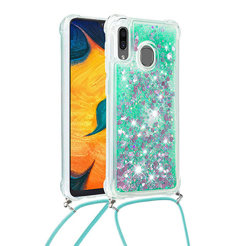 Funda Silicona Carcasa Goma Bling-Bling con Acollador Cordon Lanyard S03 para Samsung Galaxy A20 Verde