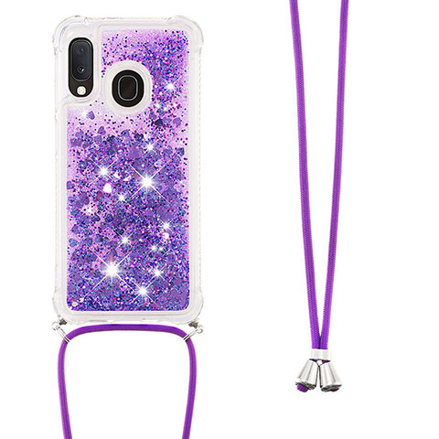 Funda Silicona Carcasa Goma Bling-Bling con Acollador Cordon Lanyard S03 para Samsung Galaxy A20e Morado