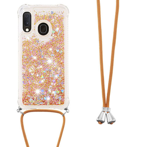 Funda Silicona Carcasa Goma Bling-Bling con Acollador Cordon Lanyard S03 para Samsung Galaxy A20e Oro