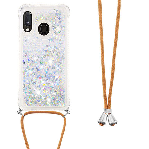 Funda Silicona Carcasa Goma Bling-Bling con Acollador Cordon Lanyard S03 para Samsung Galaxy A20e Plata