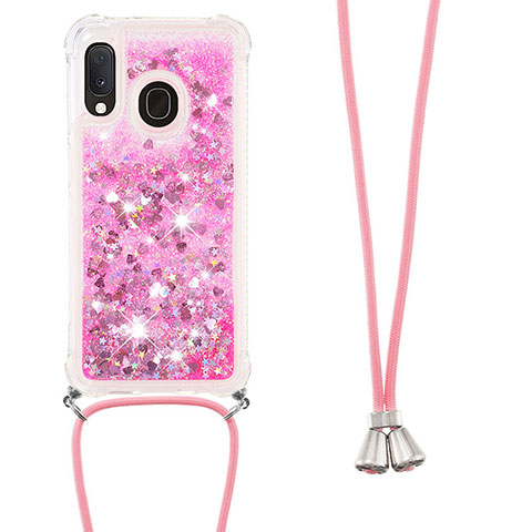 Funda Silicona Carcasa Goma Bling-Bling con Acollador Cordon Lanyard S03 para Samsung Galaxy A20e Rosa Roja