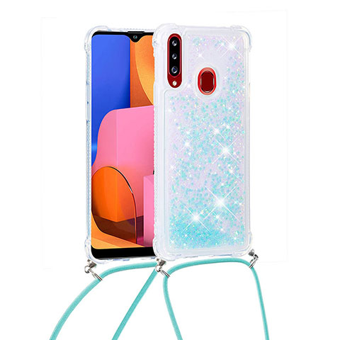 Funda Silicona Carcasa Goma Bling-Bling con Acollador Cordon Lanyard S03 para Samsung Galaxy A20s Azul Cielo