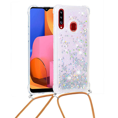 Funda Silicona Carcasa Goma Bling-Bling con Acollador Cordon Lanyard S03 para Samsung Galaxy A20s Plata