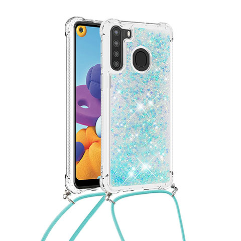 Funda Silicona Carcasa Goma Bling-Bling con Acollador Cordon Lanyard S03 para Samsung Galaxy A21 Azul Cielo