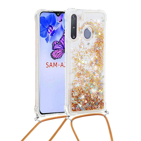 Funda Silicona Carcasa Goma Bling-Bling con Acollador Cordon Lanyard S03 para Samsung Galaxy A21 European Oro