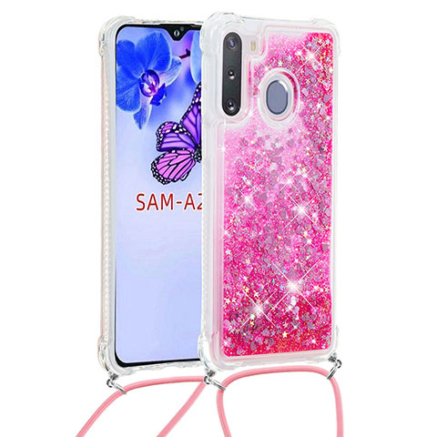 Funda Silicona Carcasa Goma Bling-Bling con Acollador Cordon Lanyard S03 para Samsung Galaxy A21 European Rosa Roja