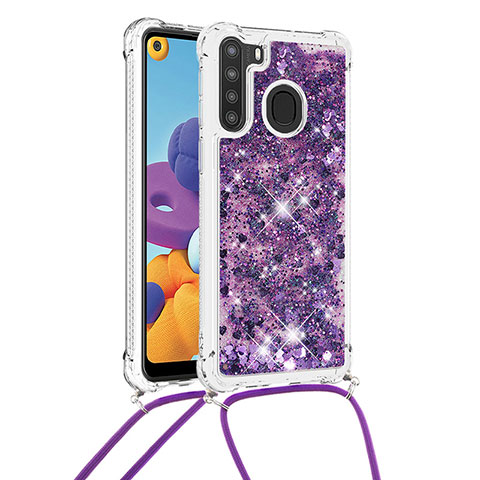 Funda Silicona Carcasa Goma Bling-Bling con Acollador Cordon Lanyard S03 para Samsung Galaxy A21 Morado