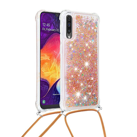 Funda Silicona Carcasa Goma Bling-Bling con Acollador Cordon Lanyard S03 para Samsung Galaxy A30S Oro