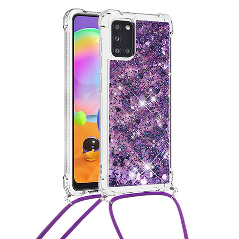 Funda Silicona Carcasa Goma Bling-Bling con Acollador Cordon Lanyard S03 para Samsung Galaxy A31 Morado