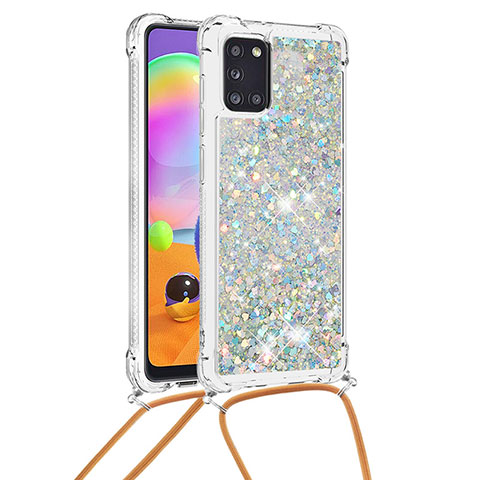 Funda Silicona Carcasa Goma Bling-Bling con Acollador Cordon Lanyard S03 para Samsung Galaxy A31 Plata