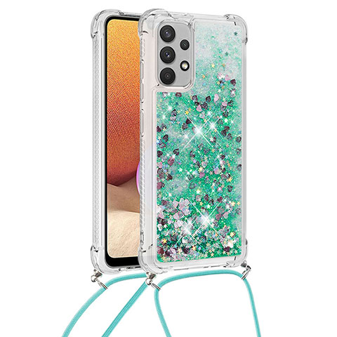 Funda Silicona Carcasa Goma Bling-Bling con Acollador Cordon Lanyard S03 para Samsung Galaxy A32 5G Verde