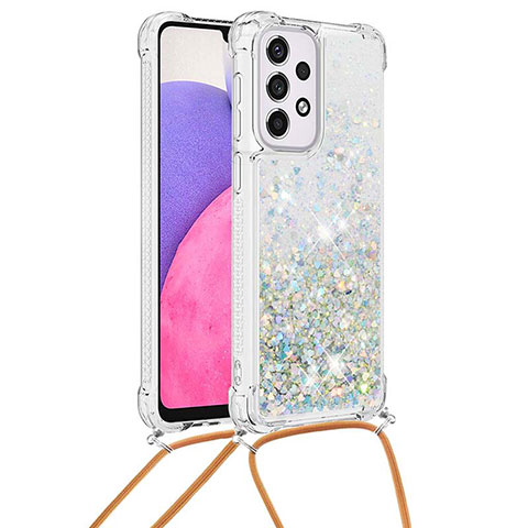 Funda Silicona Carcasa Goma Bling-Bling con Acollador Cordon Lanyard S03 para Samsung Galaxy A33 5G Plata