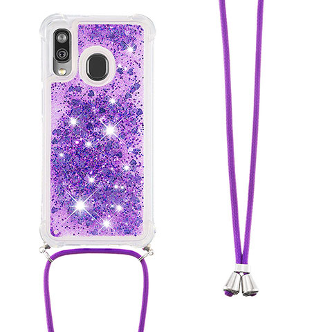 Funda Silicona Carcasa Goma Bling-Bling con Acollador Cordon Lanyard S03 para Samsung Galaxy A40 Morado