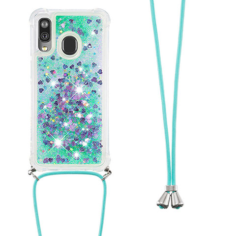 Funda Silicona Carcasa Goma Bling-Bling con Acollador Cordon Lanyard S03 para Samsung Galaxy A40 Verde