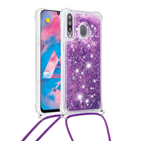 Funda Silicona Carcasa Goma Bling-Bling con Acollador Cordon Lanyard S03 para Samsung Galaxy A40s Morado