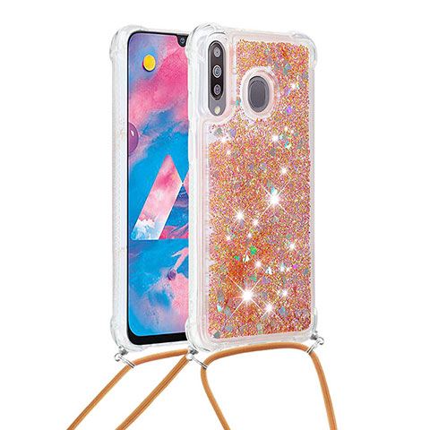 Funda Silicona Carcasa Goma Bling-Bling con Acollador Cordon Lanyard S03 para Samsung Galaxy A40s Oro