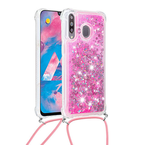 Funda Silicona Carcasa Goma Bling-Bling con Acollador Cordon Lanyard S03 para Samsung Galaxy A40s Rosa Roja