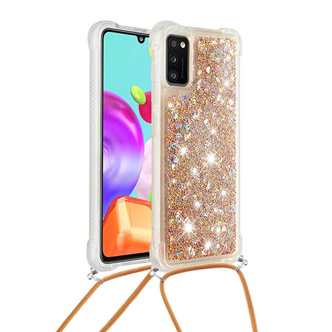 Funda Silicona Carcasa Goma Bling-Bling con Acollador Cordon Lanyard S03 para Samsung Galaxy A41 Oro