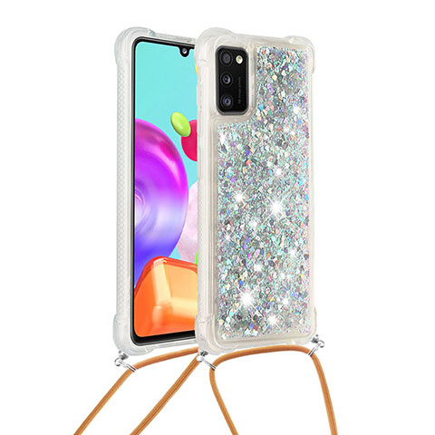 Funda Silicona Carcasa Goma Bling-Bling con Acollador Cordon Lanyard S03 para Samsung Galaxy A41 Plata