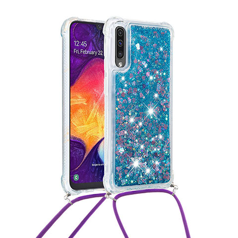 Funda Silicona Carcasa Goma Bling-Bling con Acollador Cordon Lanyard S03 para Samsung Galaxy A50 Azul