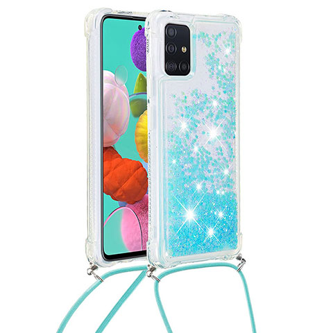 Funda Silicona Carcasa Goma Bling-Bling con Acollador Cordon Lanyard S03 para Samsung Galaxy A51 4G Azul Cielo