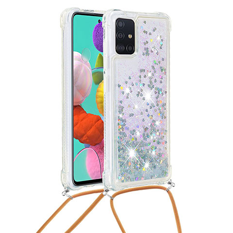 Funda Silicona Carcasa Goma Bling-Bling con Acollador Cordon Lanyard S03 para Samsung Galaxy A51 4G Plata