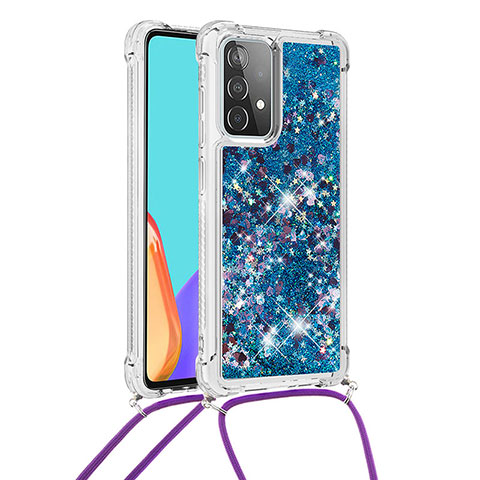 Funda Silicona Carcasa Goma Bling-Bling con Acollador Cordon Lanyard S03 para Samsung Galaxy A52 4G Azul