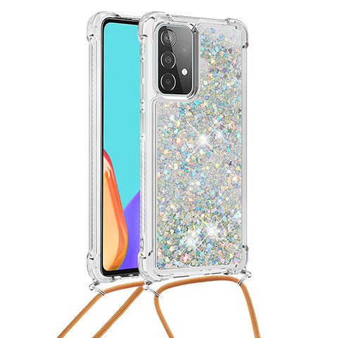 Funda Silicona Carcasa Goma Bling-Bling con Acollador Cordon Lanyard S03 para Samsung Galaxy A52 4G Plata